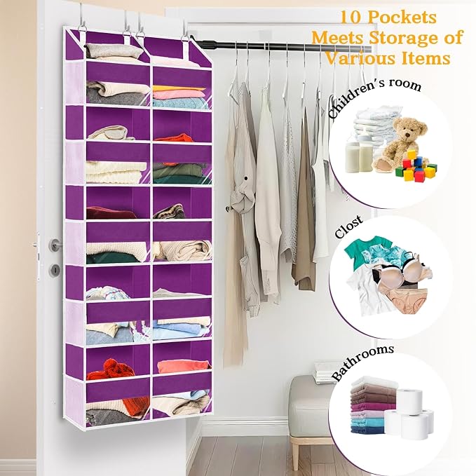 Over The Door Organizer 5 Tiers, Extra Large Behind Door Storage of 10 Compartments, 80 lbs Weight Capacity Hanging Storage Organizer with Clear Window Kids Toys,Shoes,Diapers,Room Storage,Purple - Image 4