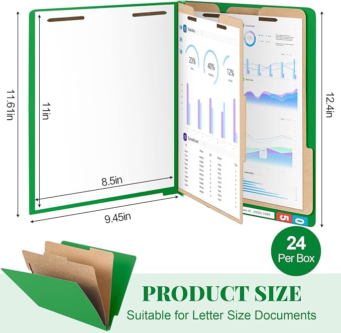 Skyygemm 24 Pack Classification Folders, Letter Size,2 Dividers,Green | Pressboard File Folders, 2 Prong Fasteners, 2" Expanding, Manila, End Tab, for Office School Legal Records Medical - Image 2