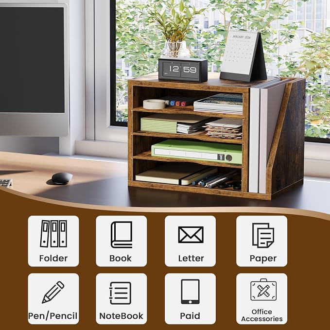 Wooden Mail Organizer, Desk Organizer with 3 Adjustable Shelves | Mail Sorter, File Organizer Desktop, Mail Holder for Home Office, Letter Sorter for Envelopes, Bills, Magazines, Rustic Brown - Image 5