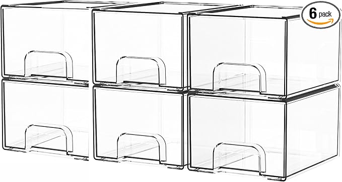 6 Pack Small Stackable Storage Drawers,4.4 Inch Tall Stacking Acrylic Clear Storage Bins for Bathroom Vanity,Undersink,Pull Out Drawer Organizers for Beauty,Makeup,Medicine Cabinet Organizers by Yieach