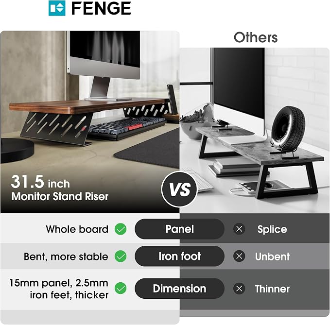 Fenge Monitor Stand Riser, Wooden & Metal Desk Shelf Organizer, Brown | 31.5in Computer Stand, Single Monitor Setup, for Compact Work Station, Multifunctional Monitor Shelf for Laptop, PC, Printer - Image 3