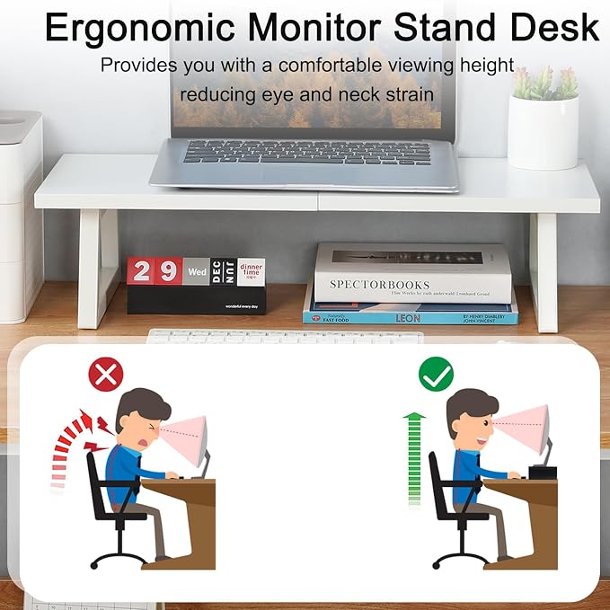 TEAMIX 24 inch Monitor Riser for Desk, Wood & Steel Computer/TV Stand White | Laptop, PC, Printer Stand Riser, Holds 150lbs, Desktop Organizer, Keyboard Storage, for Office, Home, Gaming, Craft Space - Image 3