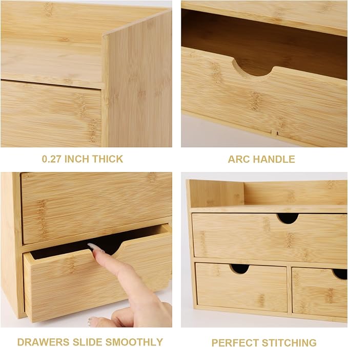 Charmewooden Bamboo Desk Organizer With Drawers Countertop Drawers Counter Storage Box Corner Desk Organizer for Home Office No Assembly Required (3 Drawers with shelf) - Image 6