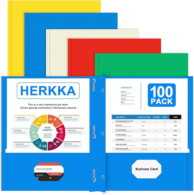 Two Pocket Folder, HERKKA 100 Pack 2 Pocket Folders with Prongs, Business Card Slots Letter Size Paper Folders Designed for Office and Classroom Use, Assorted 5 Colors by HERKKA