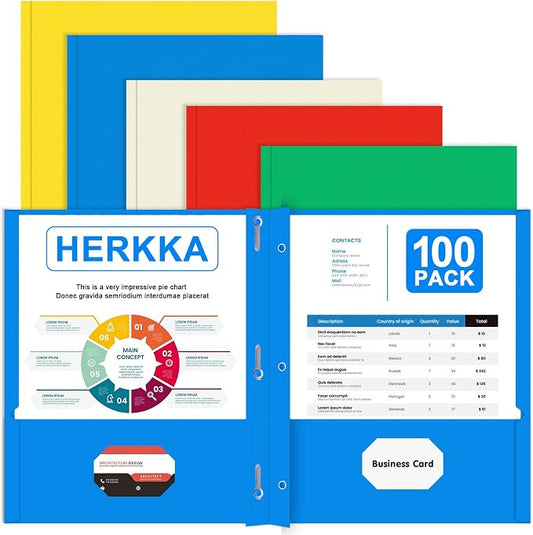 Two Pocket Folder, HERKKA 100 Pack 2 Pocket Folders with Prongs, Business Card Slots Letter Size Paper Folders Designed for Office and Classroom Use, Assorted 5 Colors by HERKKA