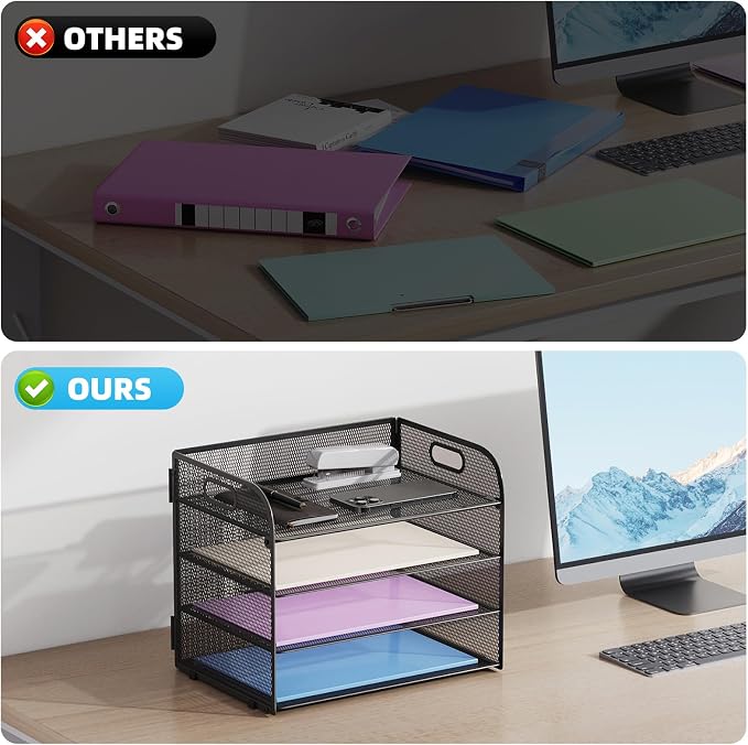 Marbrasse 4 Tier Paper Organizer Letter Tray - Mesh Desk File Organizer with Handle, Paper Sorter Organizer for Letter/A4 Office File Folder Holder (Black, 12.6" x 9.1" x 10.7") - Image 2
