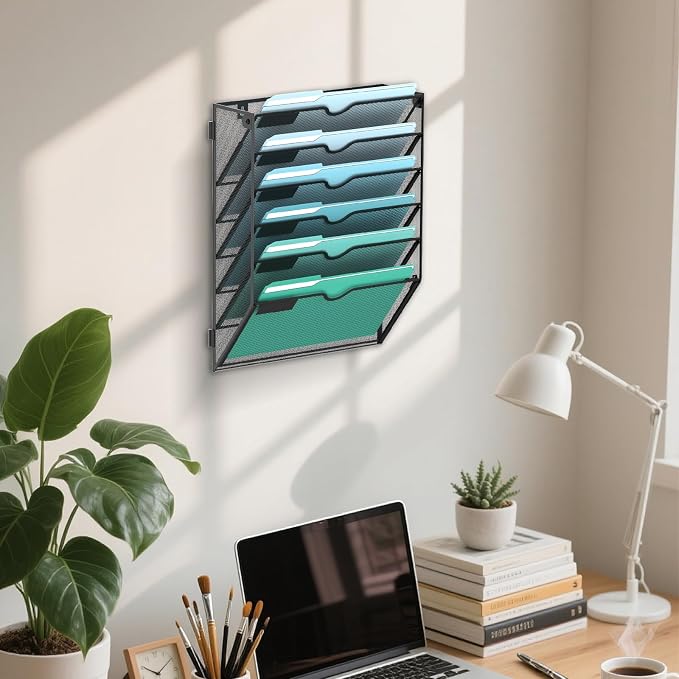 6-Tier Wall File Organizer, Wall Mounted Mail Sorter, 2 Pack | Metal Mesh Hanging File Organizer with Open Compartments and Label Panels for Papers and Folders at Home, Office or School - Image 6