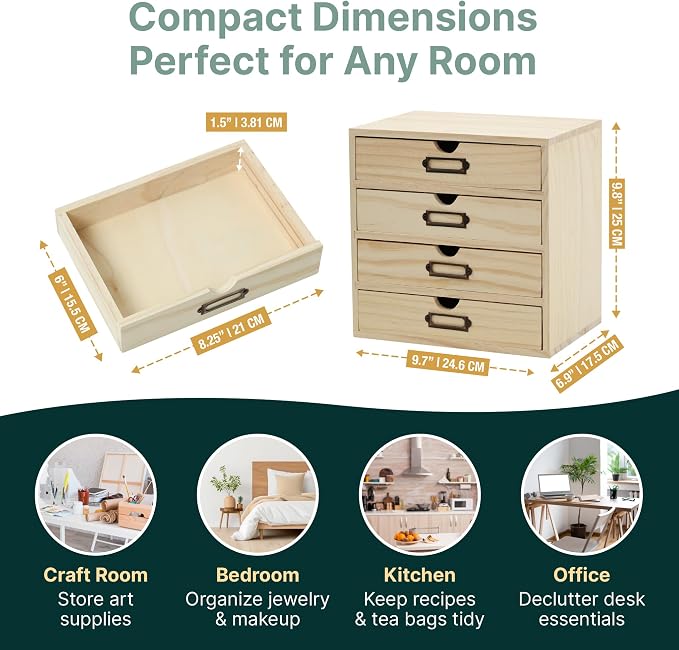 DIY Wooden Desk Organizer with Drawers – Unfinished 4-Drawer Desktop Storage Box – Personalizable Wood Desk Organizer for Crafts, Office, or Home – Compact Wooden Storage Drawers Ready to Decorate - Image 2