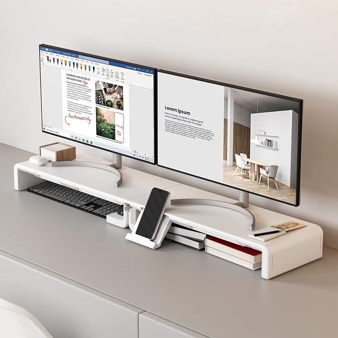 Monitor Stand Riser, Klearlook Foldable Computer Monitor Riser, Height Adjustable Computer Stand, Desk Shelf Riser with Storage Drawer & Tablet Phone Stand for Computer, Desktop, Laptop (White 2 Pack) - Image 3