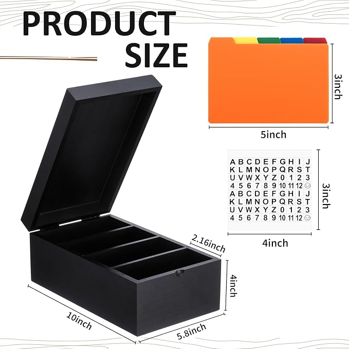 3 x 5 Inch Index Card Holder Set, Bamboo Organizer Box with 50 Dividers & 2 Sheets Alphabet Number Stickers File Note Holders, Holds 1200 Cards for Office Business Home Kitchen, Black - Image 2