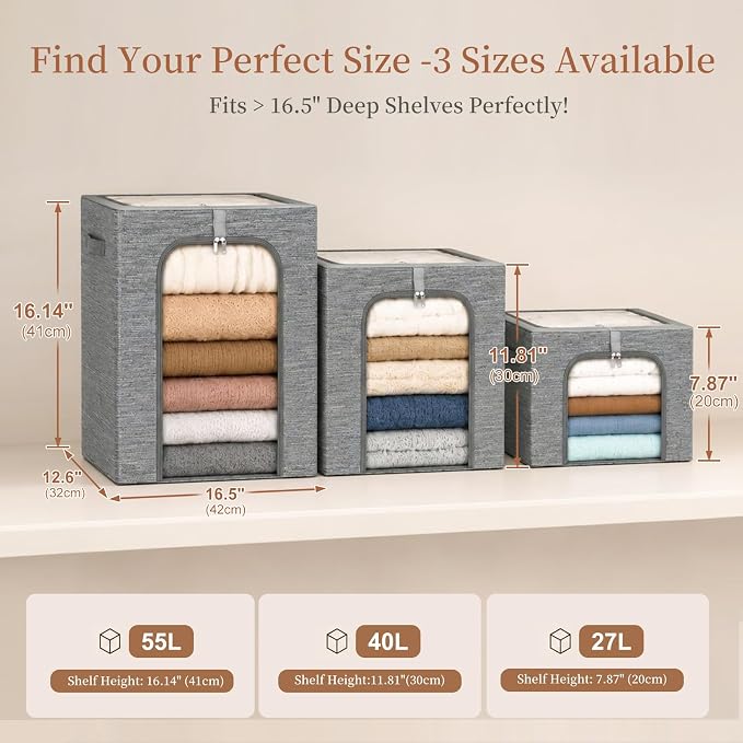 GoMaihe Blanket Storage Bins with Metal Frame for Closet, 55L 6-Pack Grey | Clothing Bedding Winter Coat Comforters , Closet Top Shelf, Collapse-Proof Stackable, See Through, Dual Access Space Saving - Image 7