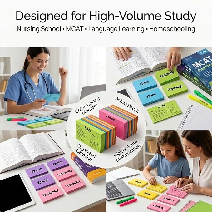 Mini Flash Cards 1000 Pack, Neon Study Cards for Active Recall, USA Made | Color-Coded Learning Cards for Vocabulary, Nursing School, Language Learning, Memory Retention & Exam Prep - Image 3