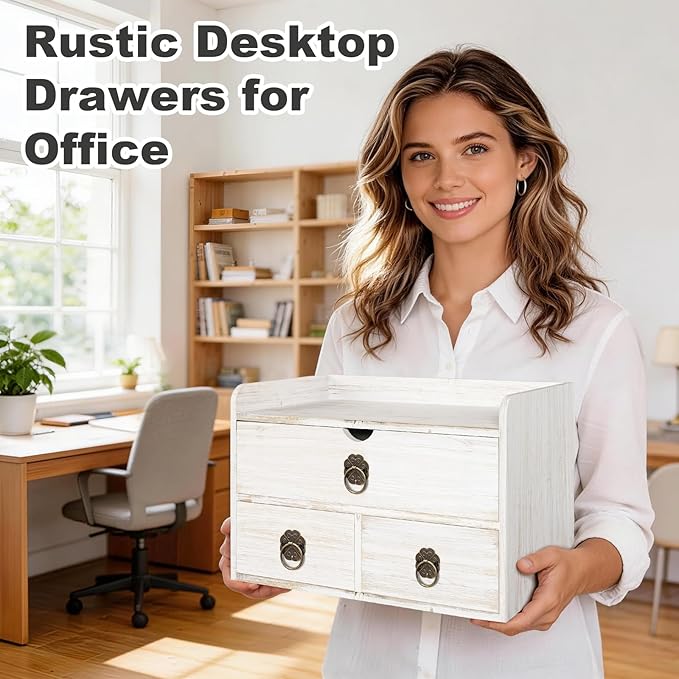 Wood Desk Organizer with Drawer, White Wooden Desktop Organizer, Tabletop Storage Organization Box for Countertop, Home Office Supplies, 13.5x6.6x8.2 Inch(3 Drawer and Shelf) - Image 4