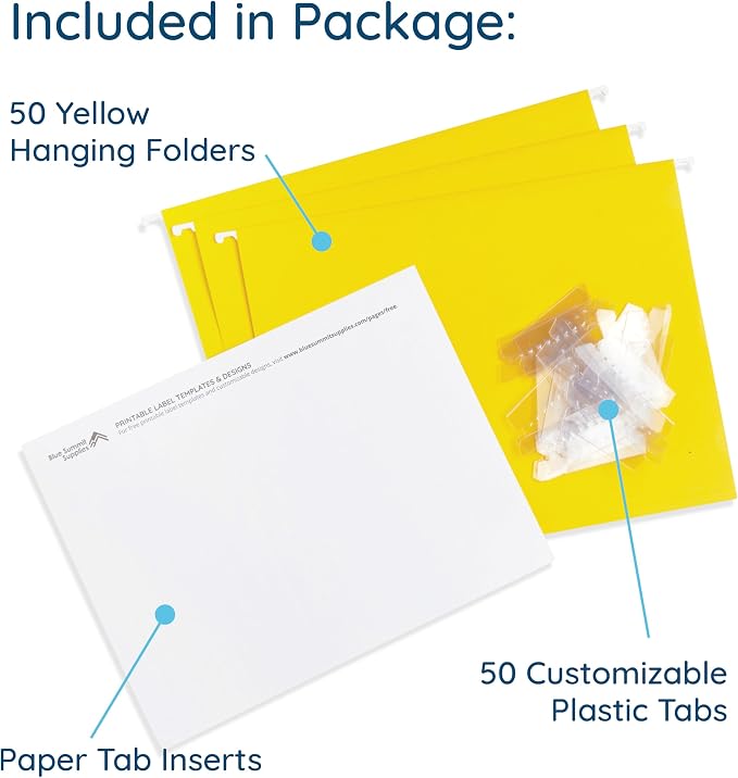 Blue Summit Supplies 50 Hanging File Folders, Letter Size, Yellow | Reinforced letter size, 1/5 cut tabs, plastic tabs and inserts included, for filing cabinet, home, and office - Image 2