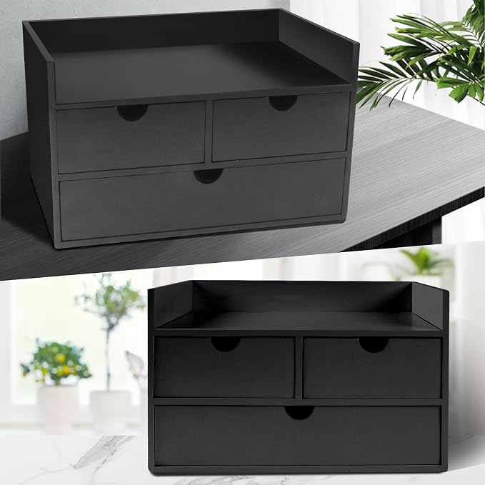 Charmewooden Bamboo Desk Organizer 3 Drawer with Shelf, Countertop Organizer with Drawers Makeup Storage Drawer 3 Drawers Tabletop Storage Organization Box Home Office Workspace（Black） - Image 4