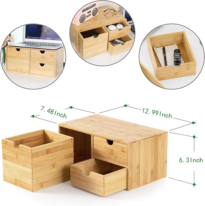 Bamboo Desk Drawer Organizer, Desktop Organizer with Drawers(3 Drawers) | 3 Drawers Open Top Tray Fully Assembled Stores Pens, Notes, Makeup, Jewelry & Toiletries for Office, Vanity & Bath - Image 3