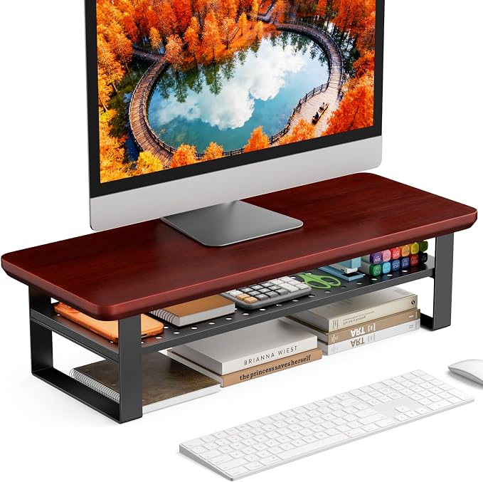 Monitor Stand Riser, 24 Inch Computer Monitor Stand for Desk, 2-Tier Wood Desk Shelf Organizer with Storage, Desktop Stand for Laptop/Screen/PC/Printer, Ergonomic Home Office Monitor Stand by NestNeatHome