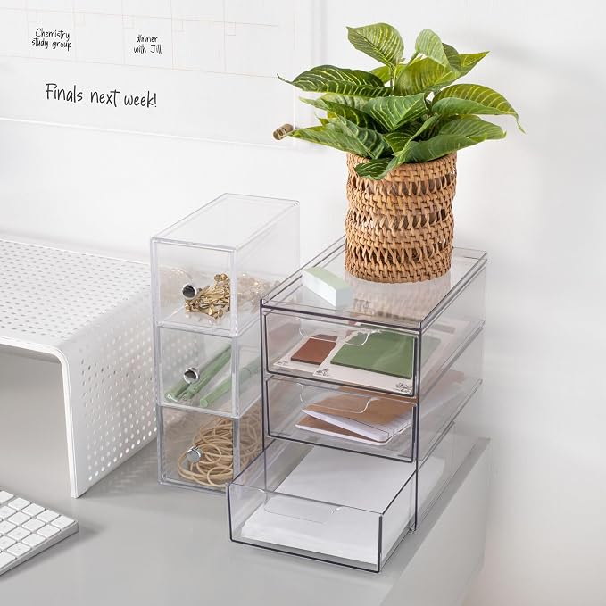 mDesign Plastic Stackable Organizer with 3 Drawers - Pull-Out Drawer Storage Bin for Bathroom Sink/Cabinet Organization - Perfect for Makeup, Small Towels, and More - Lumiere Collection, 4 Pack, Clear - Image 2