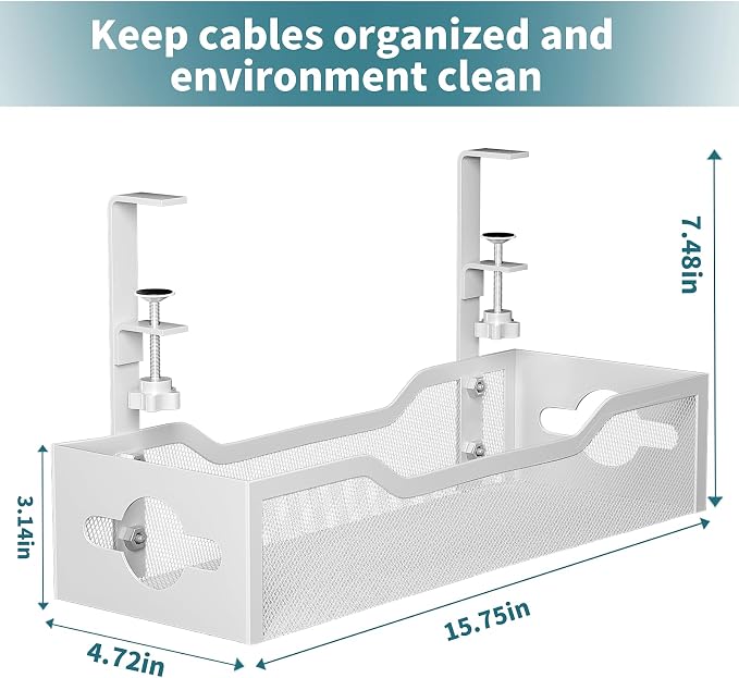 Under Desk Cable Management Tray White, Litwaro Cable Management Under Desk No Drill, Cable Organizer with Clamp for Wire Management, Cord Organizer for Office, Home No Damage to Desk - Image 7