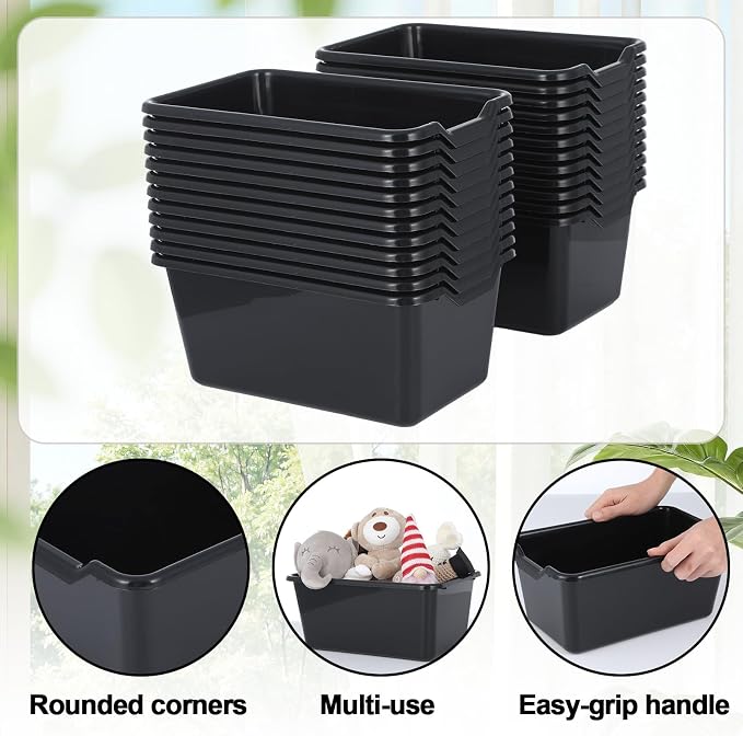 gisgfim 24 Pack Plastic Cubby Bins Classroom Book Bins Scoop Front Stackable Easy-to-Grip Toy Storage Tubs Containers for School Library Office Home Nursery Playroom Organization (Black) - Image 3
