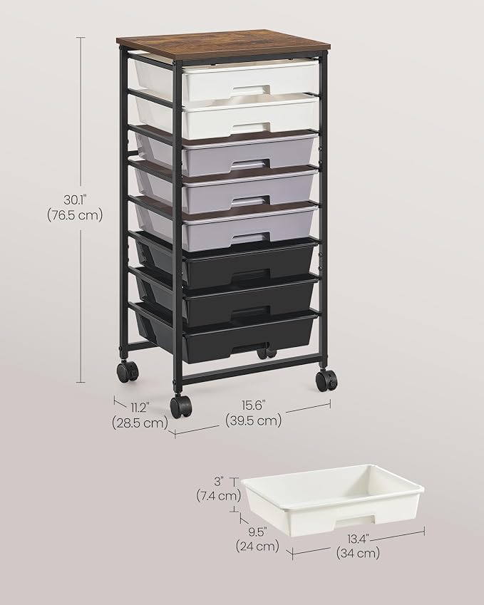 VASAGLE 8-Drawer Rolling Storage Cart, Utility Cart with Wheels and Wood Top, Craft Organizer for Office and Home, 15.6 x 11.2 x 30.1 inch, Black, BENCO Collection ULRC006B101 - Image 3