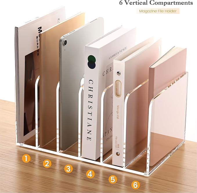 YUXUN Acrylic Magazine Holder,Clear Desk Organizer File Sorter for Notebook,Paper,Envelope,Magazine, Book Storage-Office/Home/Classroom Organization(6 Compartments,B5) - Image 3