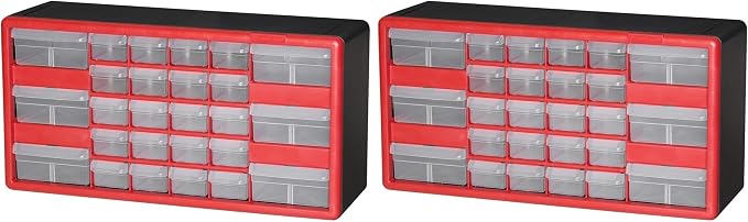 Akro-Mils 26-Drawer Plastic Drawer Storage Cabinet for Garage Organization, Bead Organizer, Building Bricks Storage, Teacher Toolbox, Makeup Organizer, 20-Inch W x 6-Inch D x 10-Inch H, 10126 Red by Akro-Mils