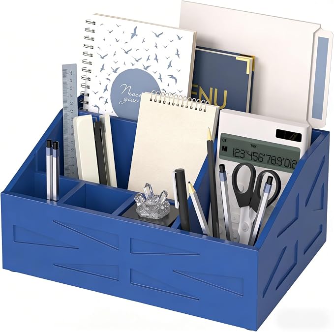 Wood Mail Organizer Countertop,Farmhouse Desk and Kitchen Countertop Storage, Letter Sorter, Desk Mail and Bill Organizer, Desktop File and Paper Holder (Blue) by BELOVALE