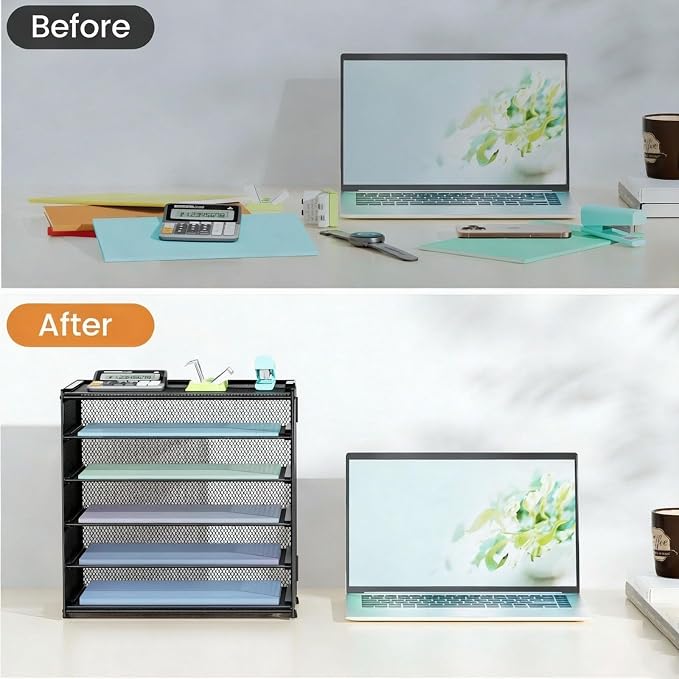 6 Trays Paper Organizer with Handle - Mesh Desk File/Letter Paper Sorter Organizer for Office, Home or School (Black with Closed top) - Image 4