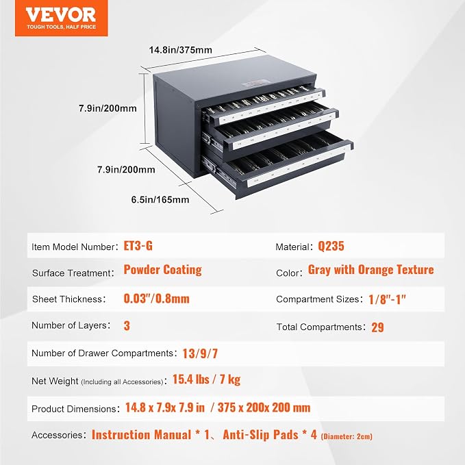 VEVOR End Mill Dispenser - Three-Drawer End Mill Organizer Cabinet, Cold Rolled Steel, Fractional Sizes 1/8" to 1" - Image 2