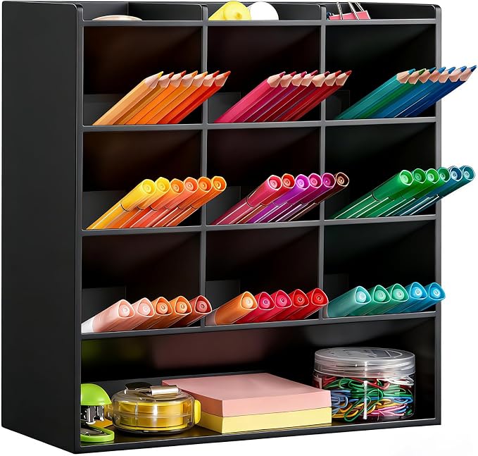 BEYGORM Acrylic Vertical Marker Organizer for 150 Markers, Desk Orgaizer | 13 Compartments Clear Angled Pen & Pencil Holder, Large Stationery & Art Supply Storage for School (10.2 x 9.8 x 4 Inch) by BEYGORM
