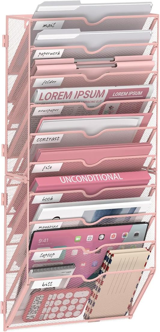 14-Tier Wall File Organizer and Hanging File Organizer, Pink | Wall Organizer and Wall Mounted File Holder with 14 Pockets and Label Panels for Files, Mail, Folders, Magazines and Paper by JMHUD