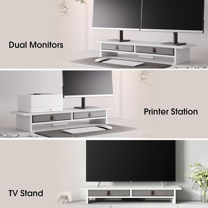 Fenge 35 Inch Monitor Stand with Drawer Storage, Computer Riser for Desk | Wooden Computer Shelf, 2 Tiers, for Dual Monitor/Laptop/PC/TV/Printer up to 55Lbs, Home Office Desk Organizer - Image 6