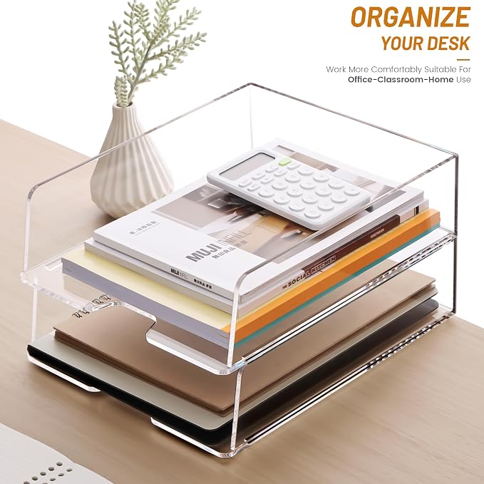 HeZone Enlarged Letter Paper Tray - Clear Acrylic Desk Organizers for Document Organization and File Storage - Stackable Office Accessories - 2 Pack (Large Tray V) - Image 2