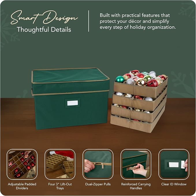 Covermates Keepsakes Adjustable Ornament Storage Box – Heavy-Duty Polyester, Padded Dividers & FlexGrid Trays – Protective Holiday Organizer with Stackable Walls & Label Window, Green - Image 4