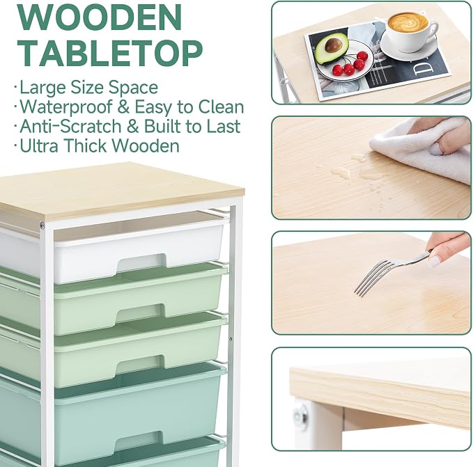 SYKIARIOL Rolling Cart with Drawers,5 Drawers Storage Cart,Light Green | 5-Tiers Utility Cart with Drawers with Lockable Wheels for Craft Organizers and Storage,Home Office,Classroom,Dorm,Playroom - Image 6