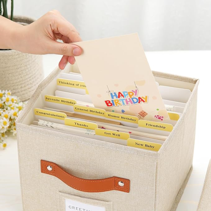 Greeting Card Organizer with dividers - Storage Box with lid Holds 150+ Cards - Assortment Box for Greeting Cards,Recipes, Photos, Envelopes, Keepsake - 9 x 9 x 7 Inches (Beige, 1 pcs) - Image 6