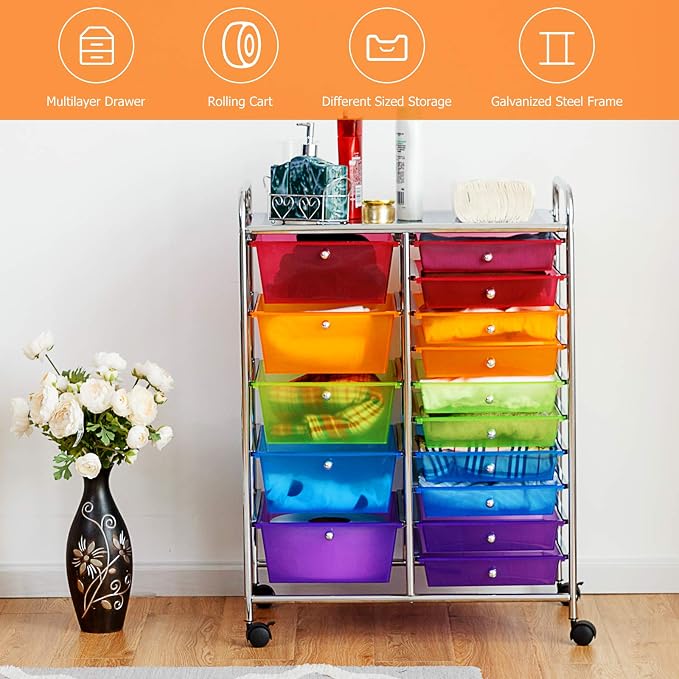 GOFLAME 15-Drawer Rolling Storage Cart, Craft Storage Cart with Removable Drawers & Lockable Wheels, Art Cart Supply Storage Organizer for Home Office Classroom, Rainbow - Image 4