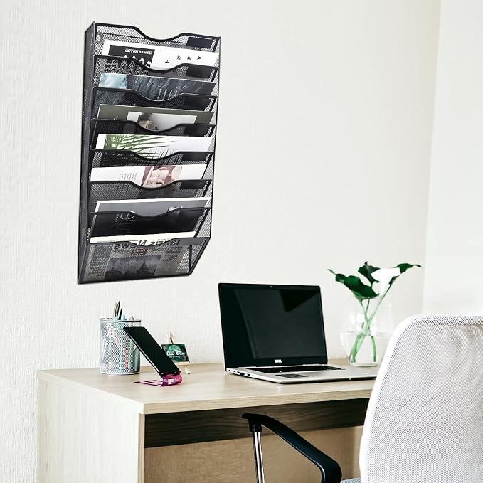 8 Pocket Mesh Hanging Wall File Organizer, Wall Mounted Mail Paper Document Folder Holder, Clipboard Storage Organization Magazine Rack with Nametag Label for Office Home School, Black - Image 4