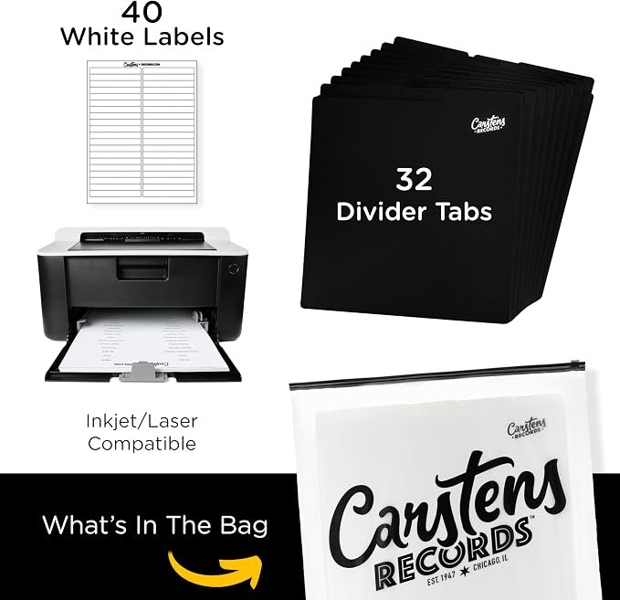 Carstens Records Heavy Duty Vinyl Album Dividers | 12" LP Organizers with Tabs | Pack of 32 Black | Made in The USA | Personalizable - Image 4