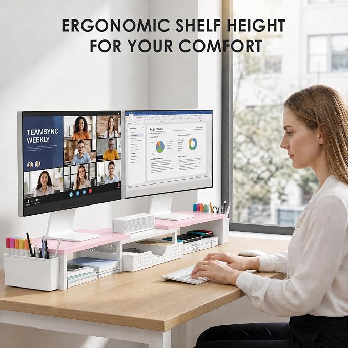 Desk Organizers and Accessories, Dual Monitor Stand Riser with Drawer and 2 Pen Holders, Desk Shelf Computer Racks for Office Workspace Organizers, Desktop Organization (Pink-White) - Image 2