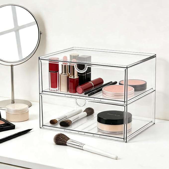 Prsildan Acrylic Makeup Organizer, 2 Pack Stackable Clear Storage Drawers for Baby Bottles Desk Organizers with 2 Drawers for Countertop Vanity Nursery Modular System for Cosmetics Jewelry - Image 2