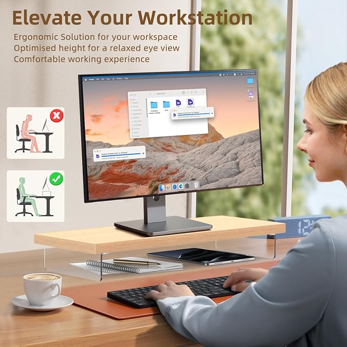 Dual Monitor Stand Riser, 40" Large Computer Monitor Stands for 2 Monitors, Wooden Desktop Organizer Shelf for Office Desk Computer, Laptop, TV, Monitor, Printer | Computer Monitor Stand Riser With Wood & Acrylic Design; Fits 2 Monitors, Laptop, Printe... - Image 5