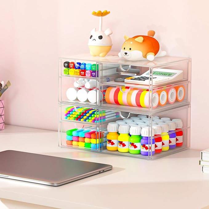 4-Pack 22-Drawer Acrylic Storage & Makeup Organizer for Desk | Smooth-glide drawers, clear acrylic, stackable, dustproof, wipe clean, for office supplies, pens, paper clips, thumb drives - Image 4