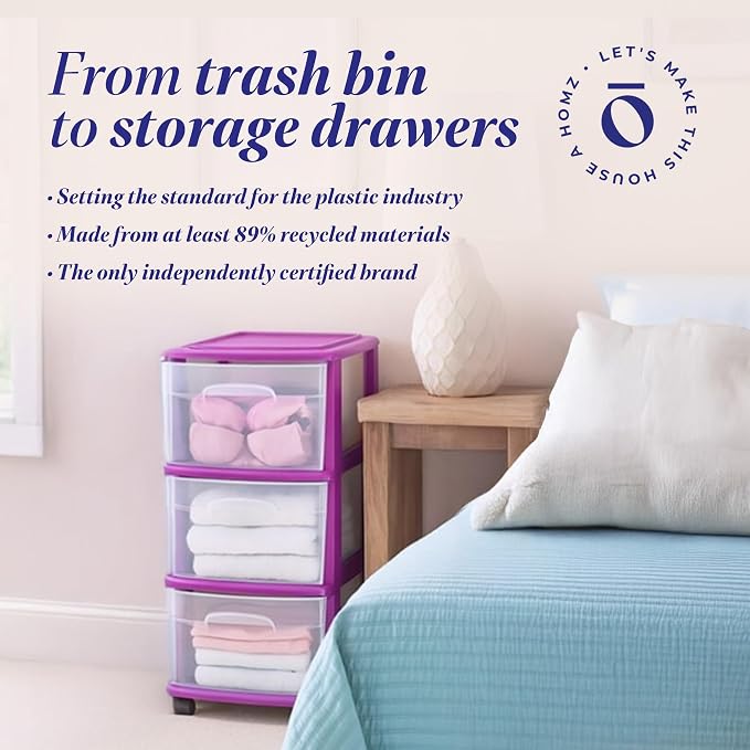 HOMZ Drawer Tower, 3-Tier Clear Plastic Storage Organizer Cart, Purple Frame - Rolling Drawer Containers with Wheels for Bathroom, Bedroom, Office, and Classroom Organization - Image 9
