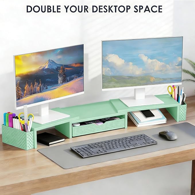 Spacrea Metal Desk Organizers and Accessories, Dual Monitor Stand Riser with Drawer and 2 Pen Holders, Book Racks, Desk Accessories & Workspace Desktop Organizers for Office Supplies (Sage Green) - Image 6