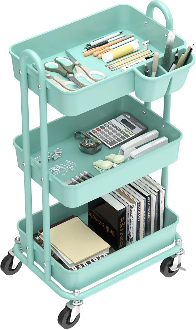 Simple Houseware 3-Tier Rolling Utility Cart with Hanging Bucket, Turquoise | Storage for Bathroom, Kitchen, Office, Study Room, Nursery Diaper - Image 2