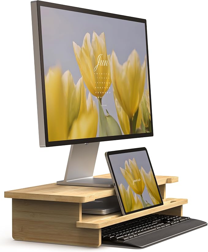 23” Bamboo Monitor Stand with Phone & Tablet Holder Desk Shelf | Monitor Riser for 40-55 Inch Desk Cozy Computer Setup Workplace Organizer Keyboard Storage Compact Ergonomic by WELLWENG
