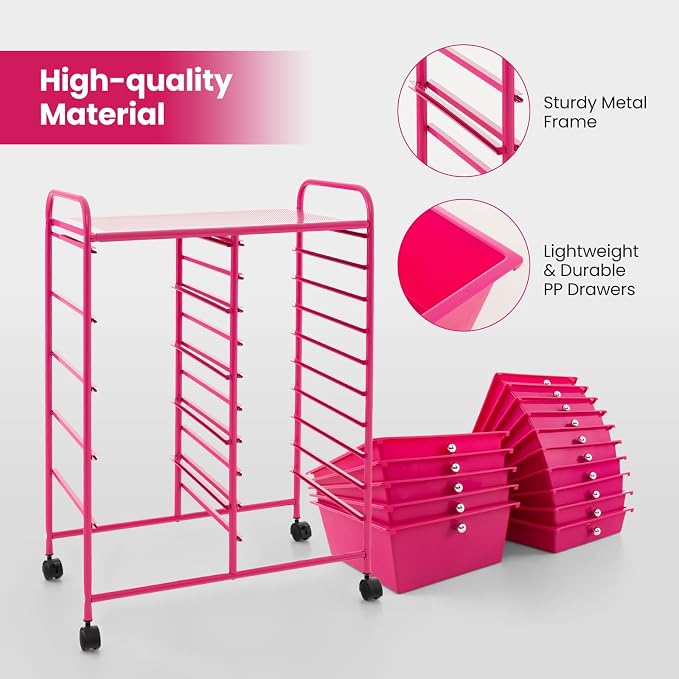 Moccha 15-Drawer Rolling Storage Cart - Under Desk Storage Drawers with wheels for Craft Art Supply Paper Salon, Scrapbook Paper Tools, Mobile Utility Cart for Classroom (15 Drawers, Hot Pink) - Image 6