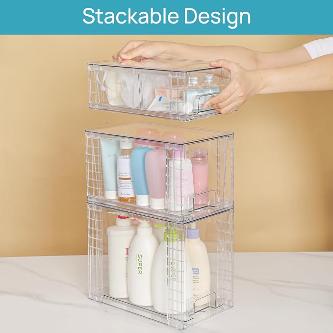 Vtopmart 3 Pack Clear Stackable Storage Drawers,Easy to Assemble Bathroom Organizers and Storage with handles,Plastic Drawers for Kitchen Pantry,Cabinet,Under Sink Organization | Tall, Medium and Small Pull-Out PET Drawers with Stackable Design for Bat... - Image 8